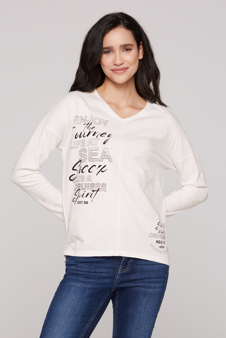 Langarmshirt mit V-Ausschnitt und Prints ivory