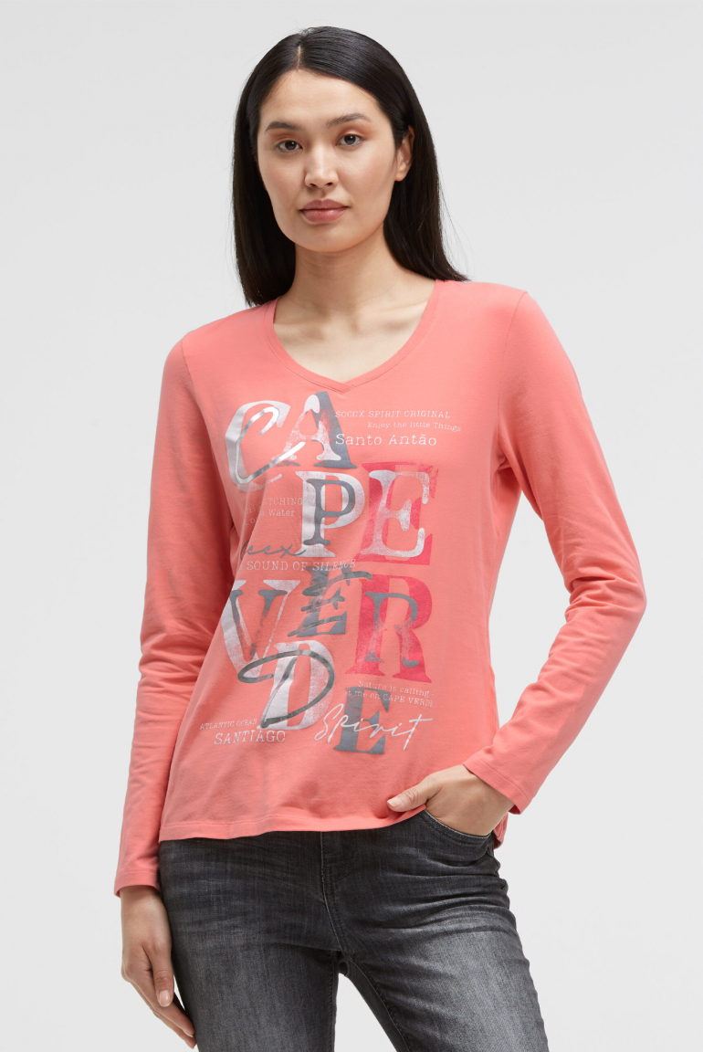 Langarmshirt mit V-Ausschnitt und Wording Print apricot sunset