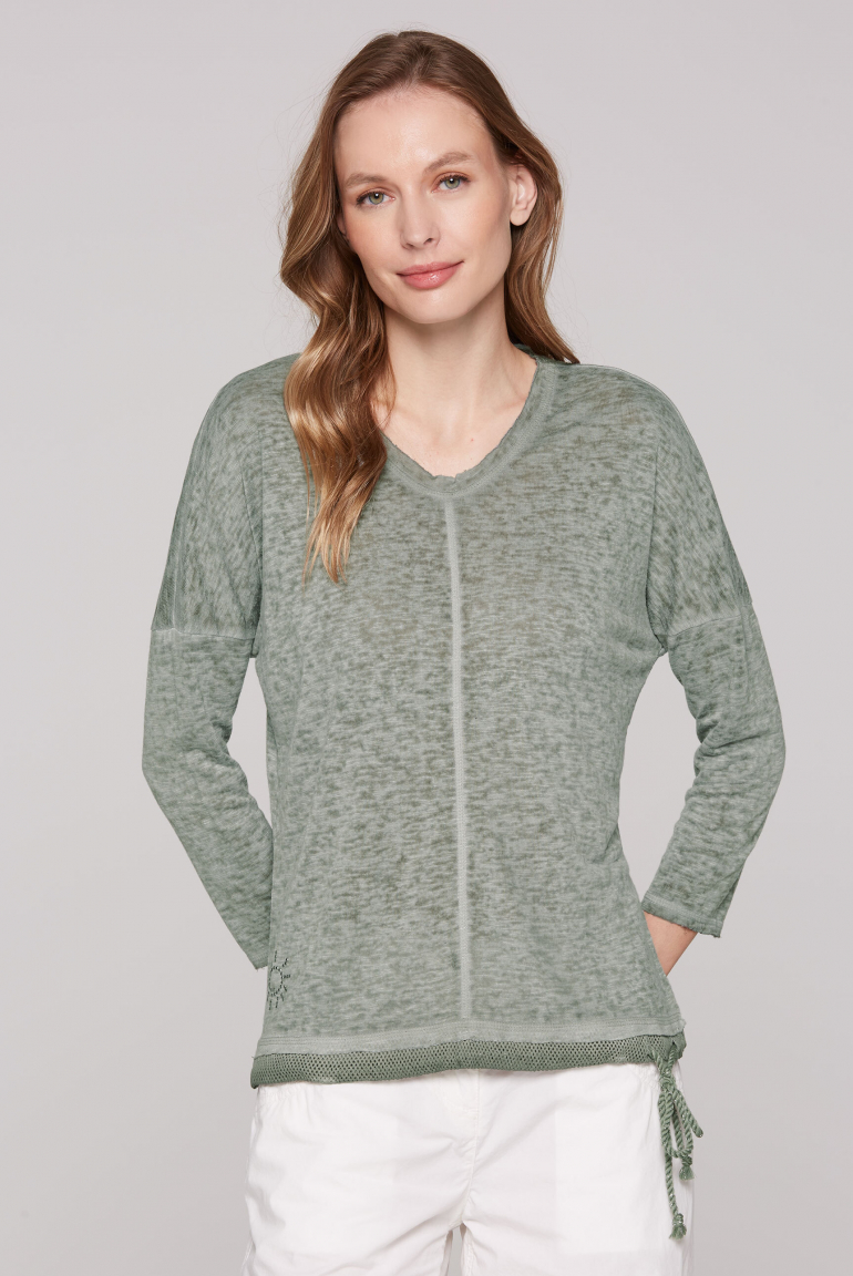 Leichtes V-Shirt mit Mesh-Details faded olive