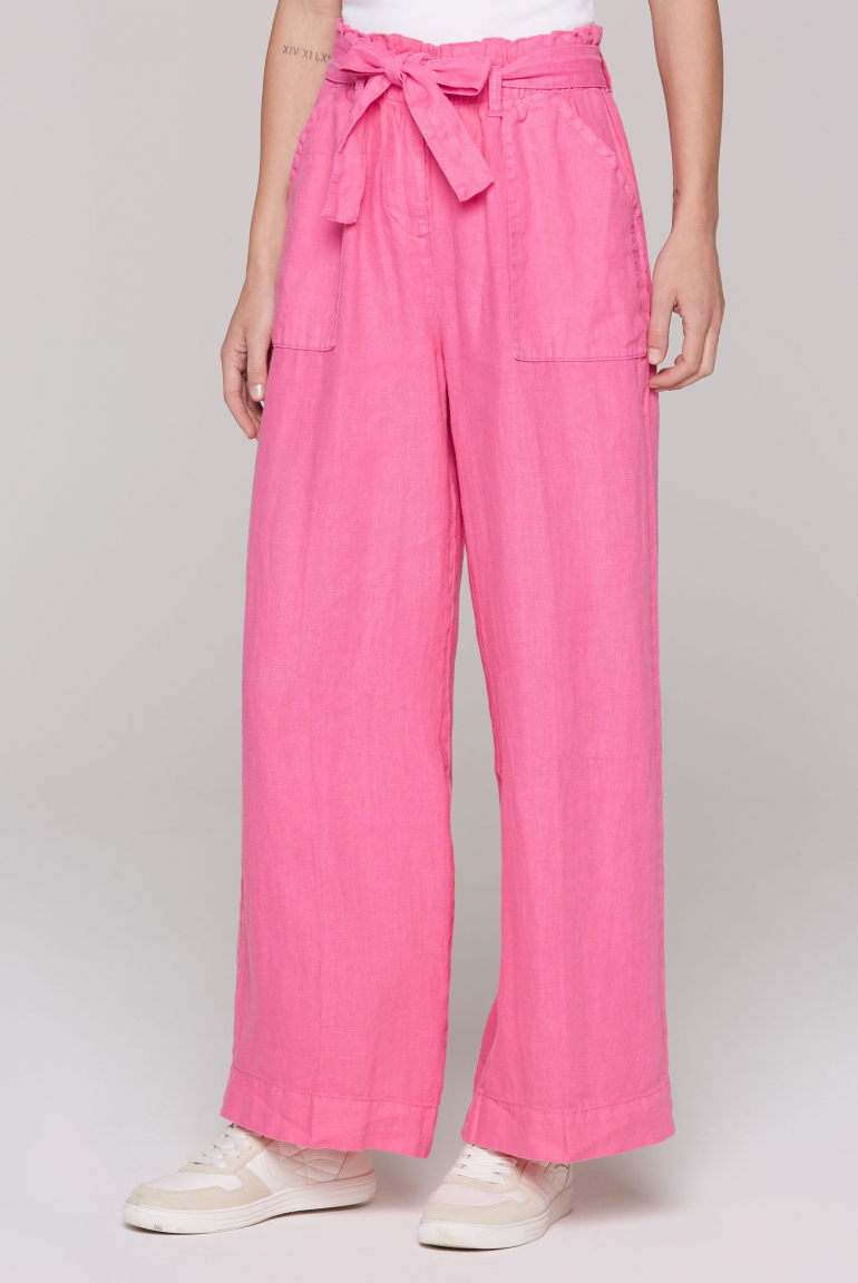 Leinenhose mit weitem Bein und Bindegürtel floral pink