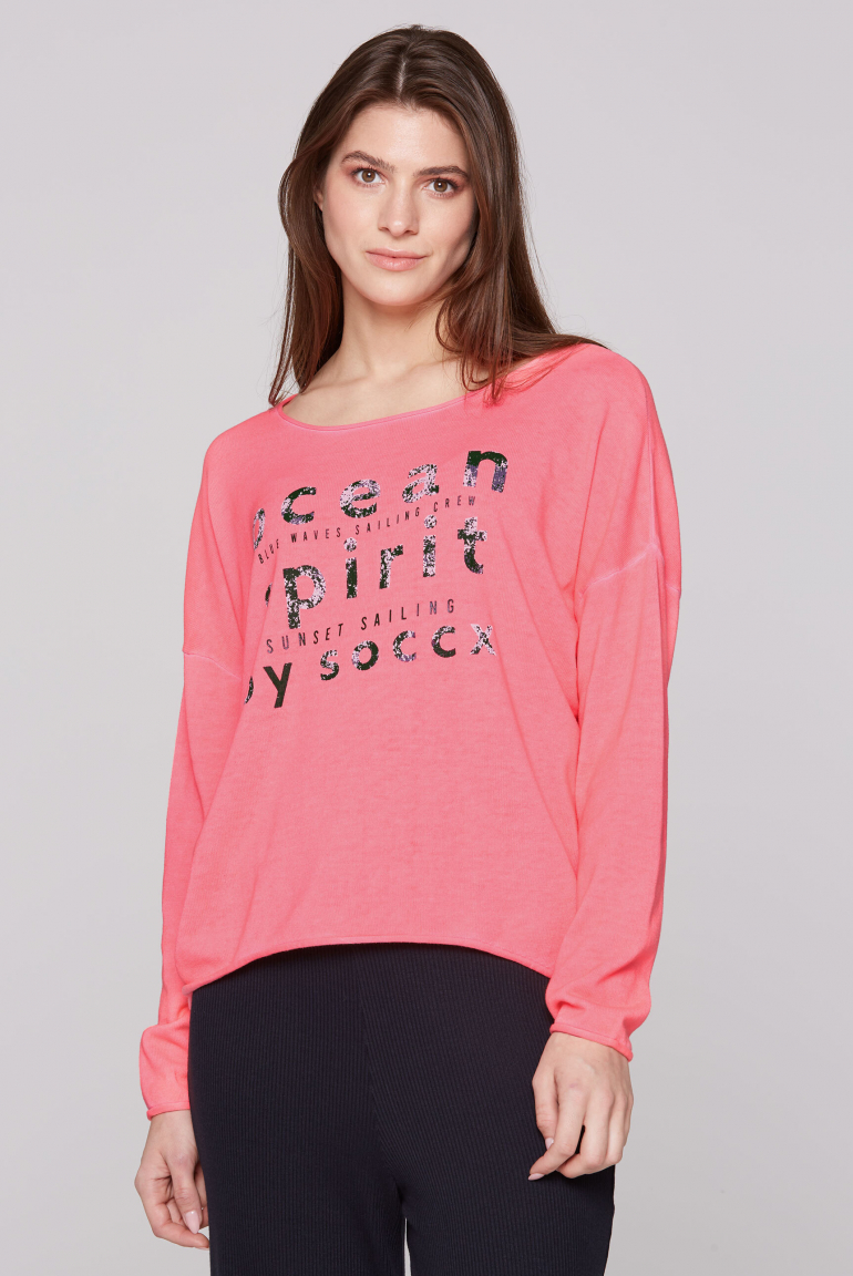 Oversized-Pullover mit Used-Optik und Artwork flashy red