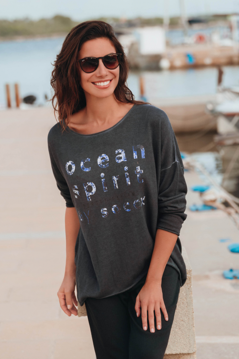 Oversized-Pullover mit Used-Optik und Artwork blue navy
