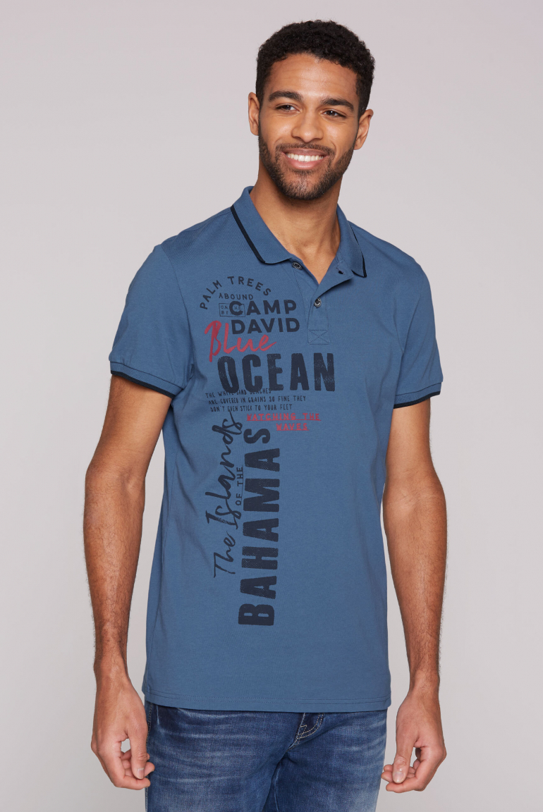 Poloshirt mit Trikotkragen und Label Print wave blue