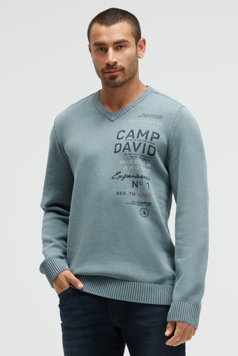 Pullover V-Neck mit Logo Print und Tapes teal