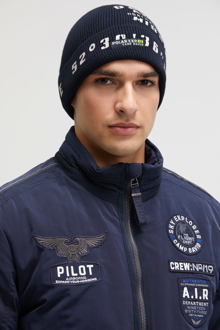 Rippstrickmütze mit Logo Print und Patch blue navy
