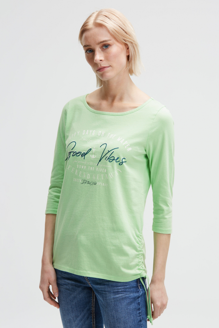 Rundhalsshirt mit 3/4-Ärmeln und Seitenraffung milky green