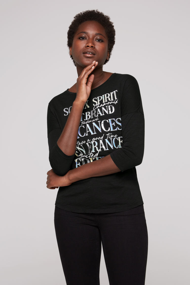 Shirt mit 3/4-Ärmeln und buntem Wording Print black