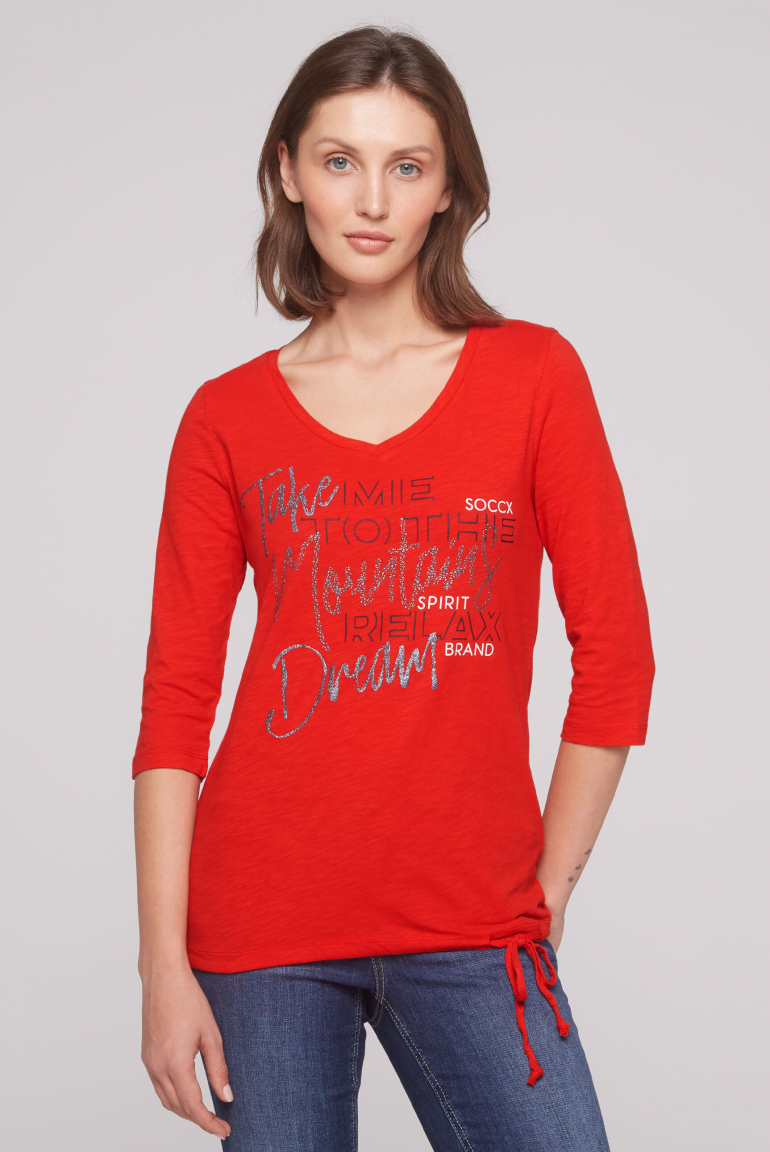 Shirt mit V-Ausschnitt und Tunnelzugband im Saum speed red