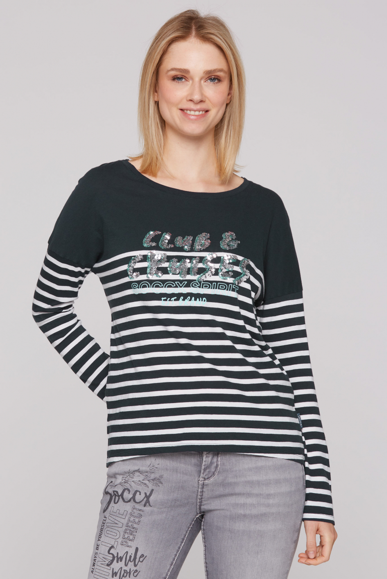 Streifenshirt mit Pailletten-Wording blue navy