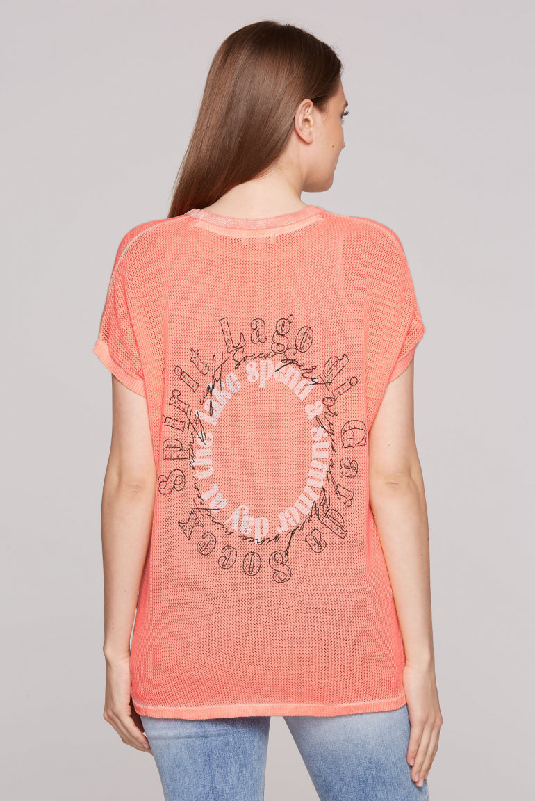 Strickshirt mit Meshstruktur und Rücken-Print electric orange