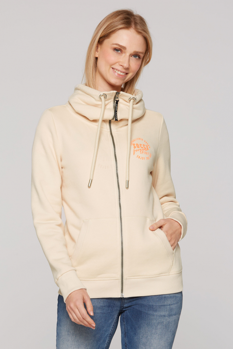 Sweatjacke mit hohem Kragen und Rücken-Artwork cream