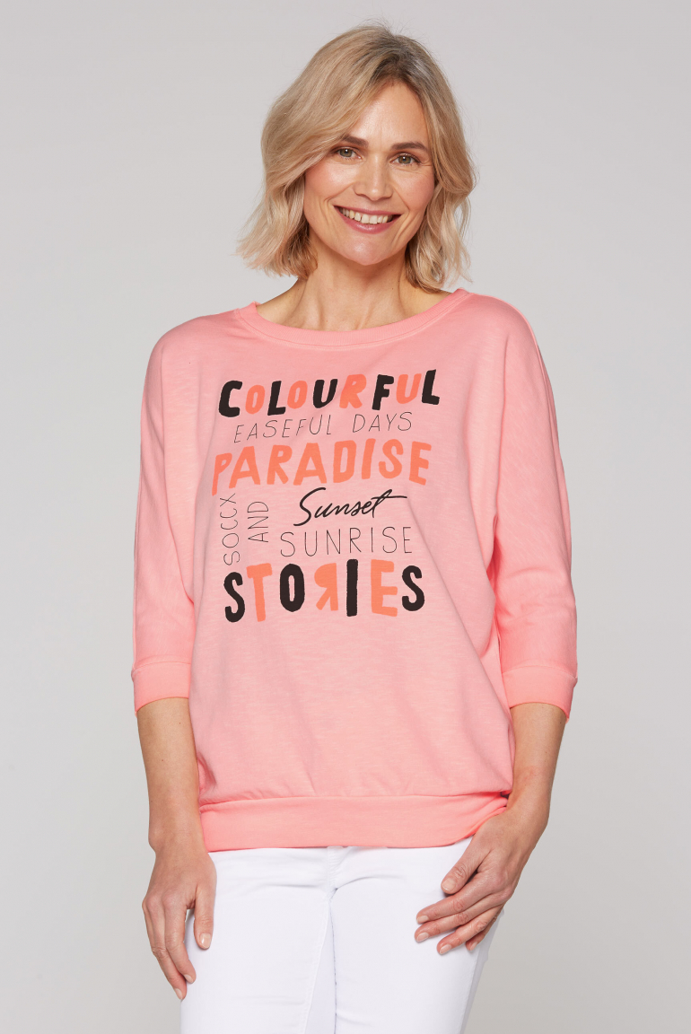 Sweatshirt mit verkürzten Ärmeln und Wording Print neon flame