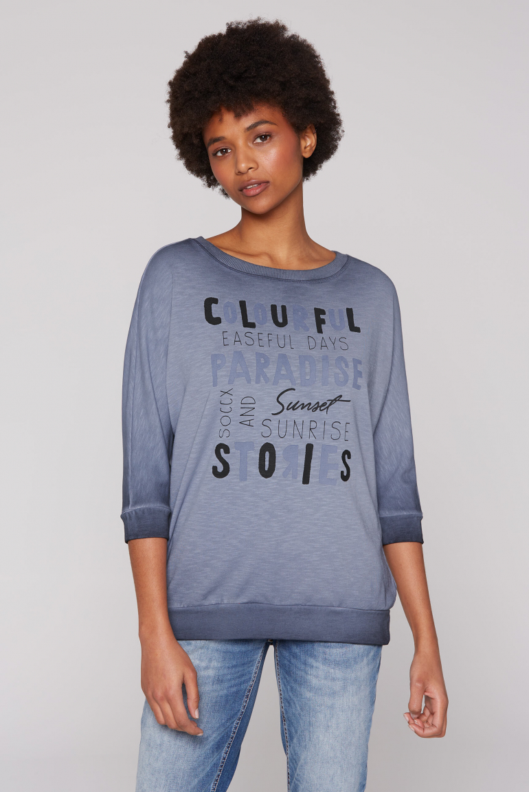 Sweatshirt mit verkürzten Ärmeln und Wording Print blue grey