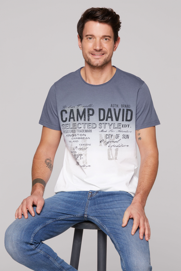 T-Shirt Dip Dye mit Used Print blue grey