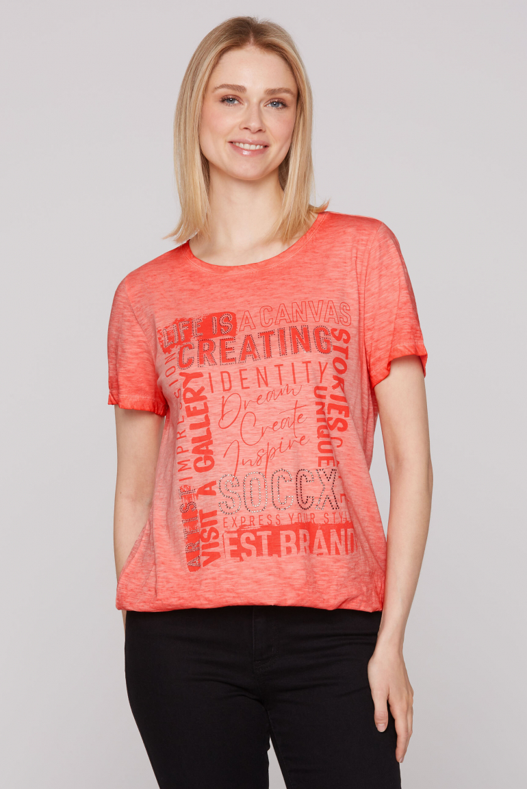 T-Shirt mit Artwork und Elastiksaum juicy coral