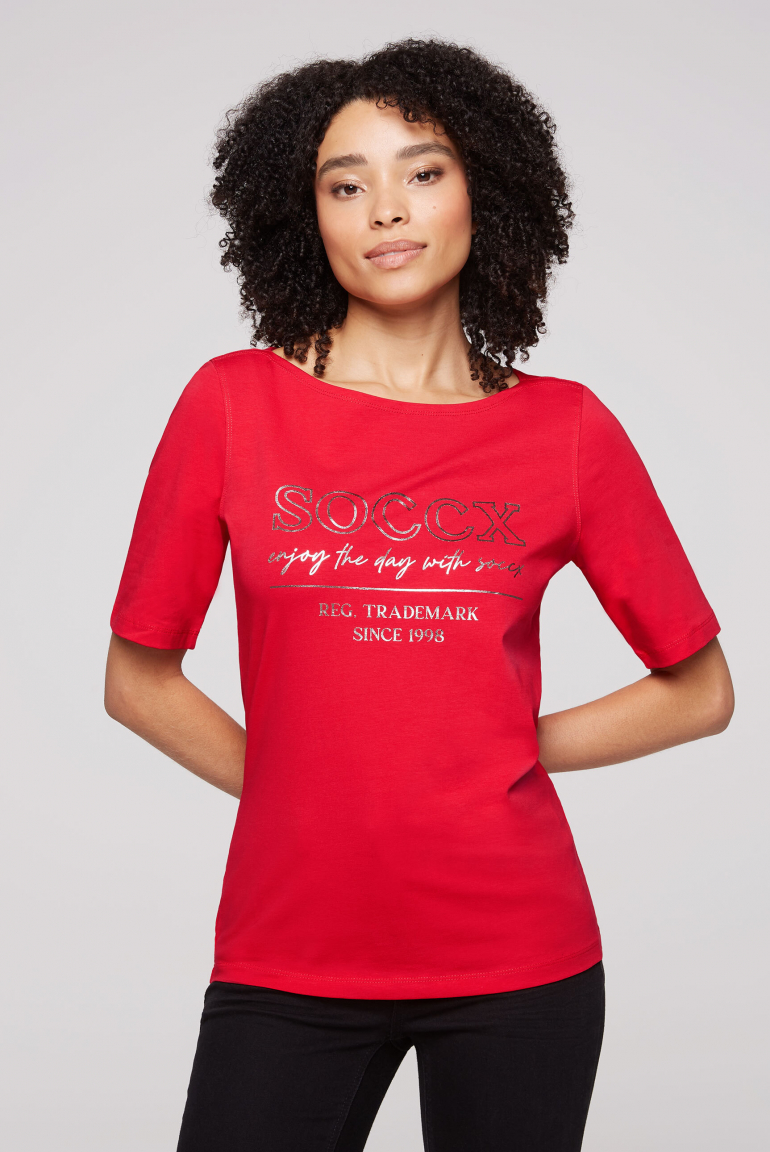 T-Shirt mit U-Bootausschnitt und Print clear red