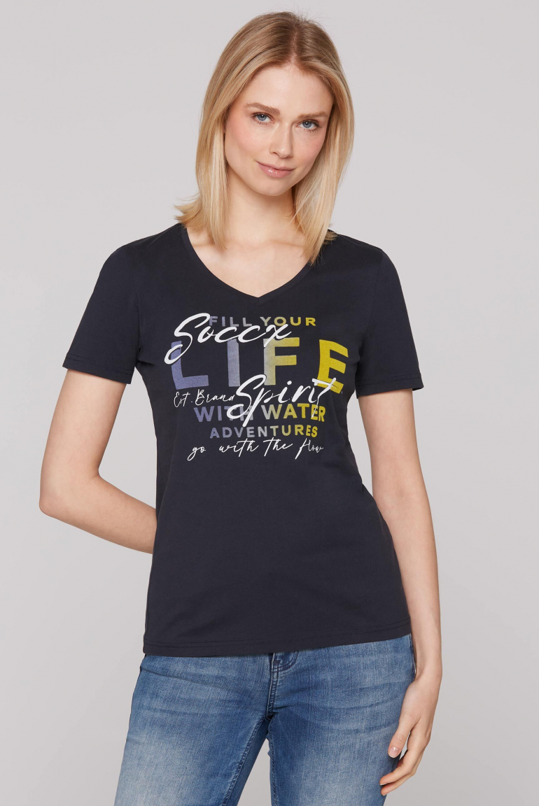 T-Shirt mit V-Ausschnitt und Artwork blue navy