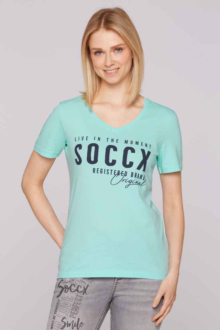 T-Shirt mit V-Ausschnitt und Logo Print new aqua