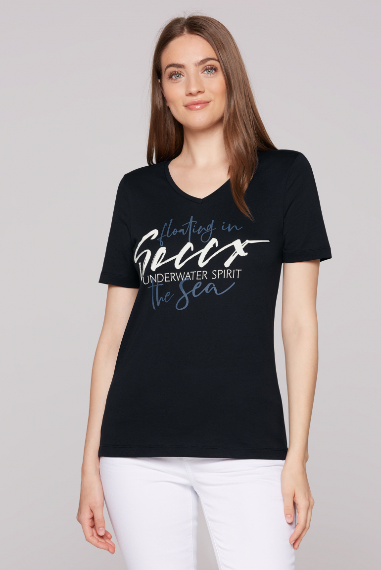 T-Shirt mit V-Ausschnitt und Logo Print blue navy