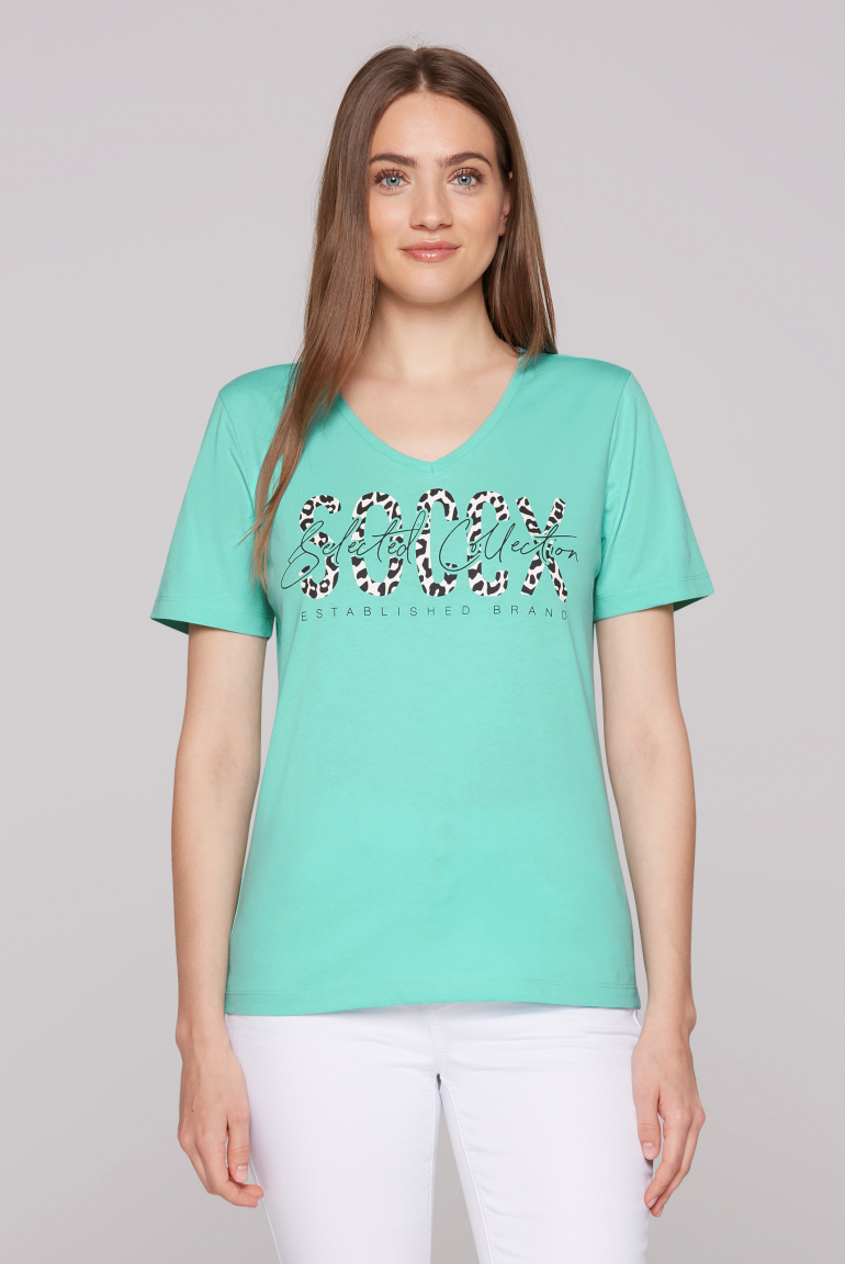 T-Shirt mit V-Ausschnitt und Logo Print flash aqua