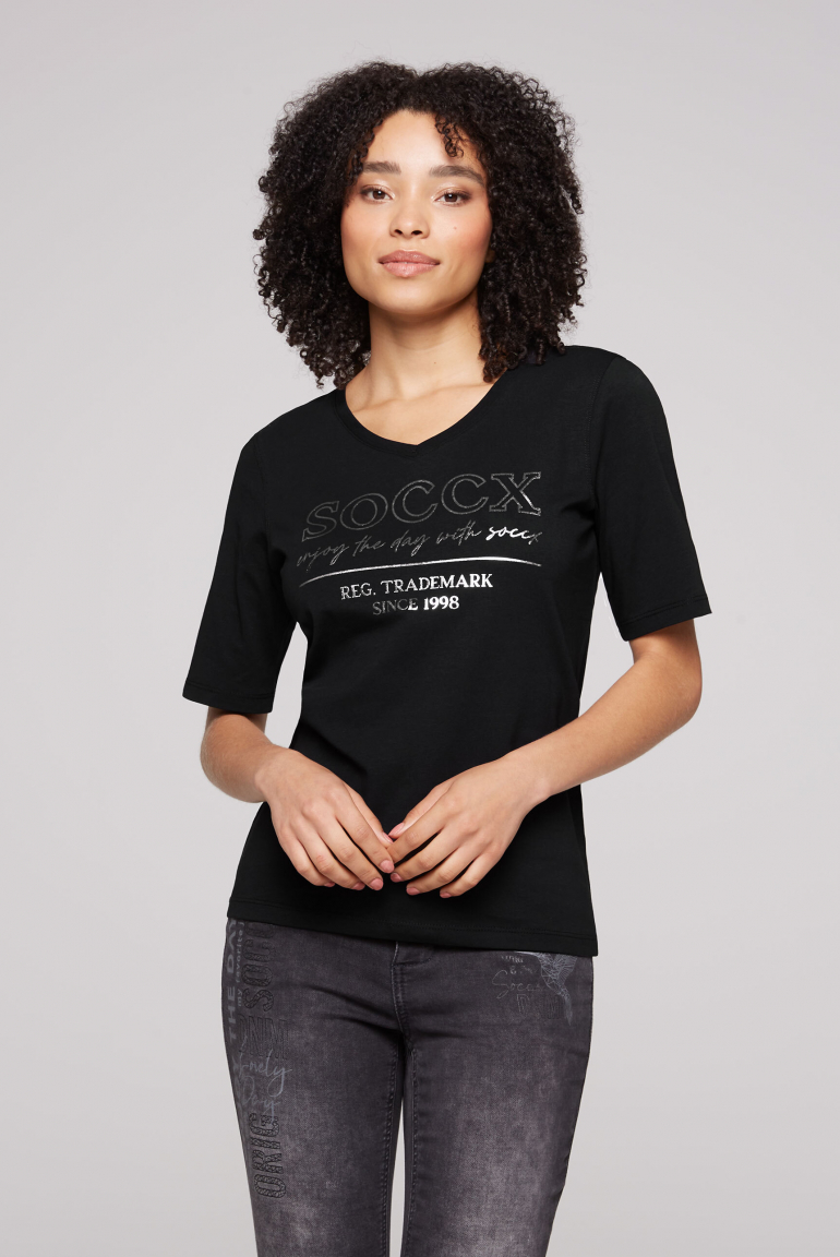T-Shirt mit V-Ausschnitt und Print black