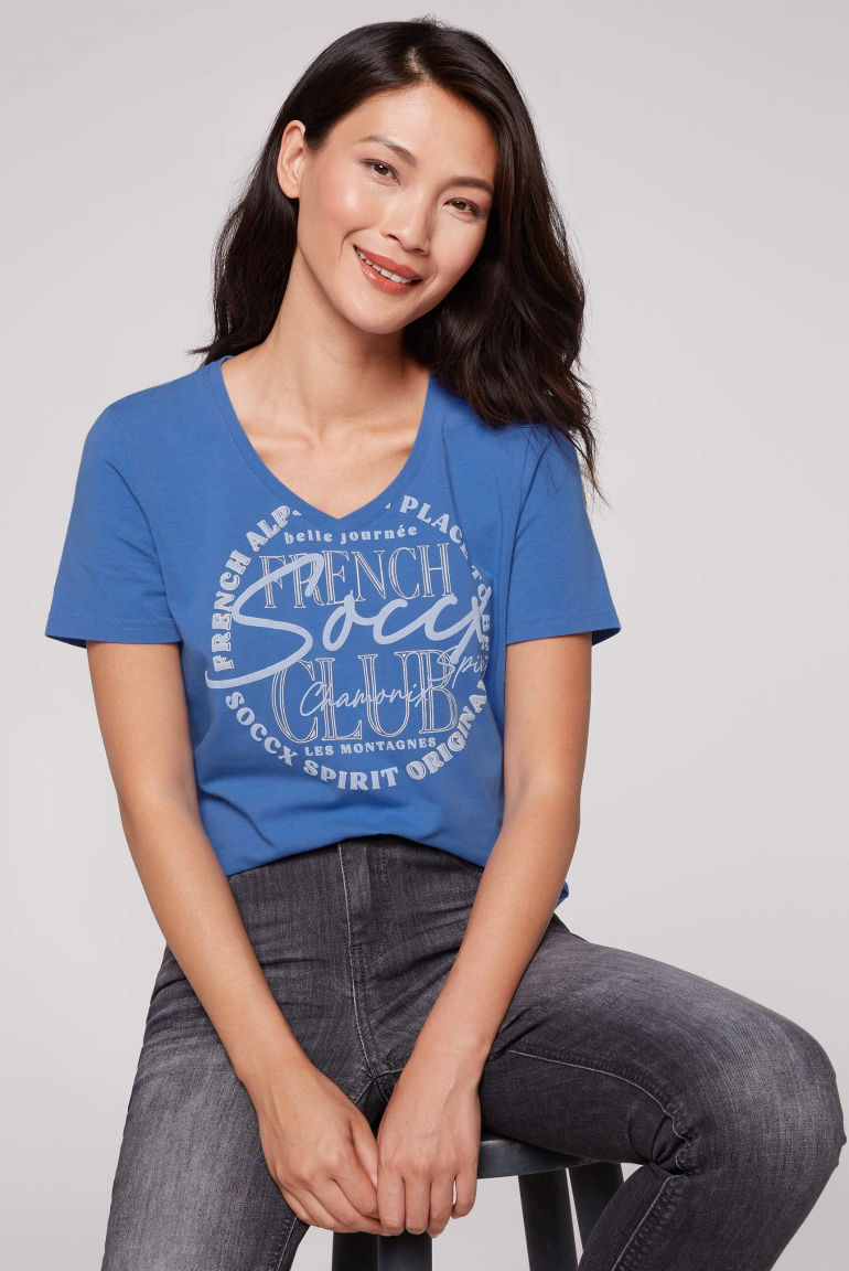 T-Shirt mit V-Ausschnitt und Print vividblue