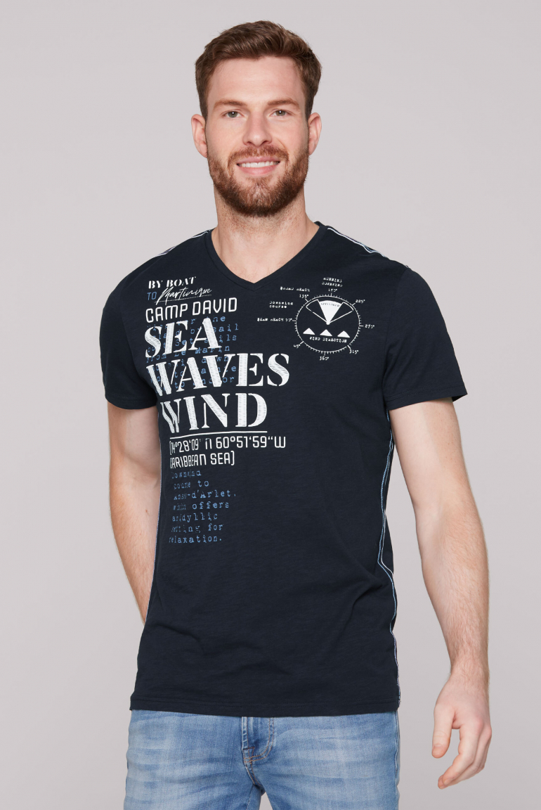 T-Shirt mit V-Neck und Wording Prints navy