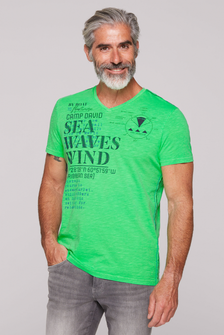 T-Shirt mit V-Neck und Wording Prints electric green