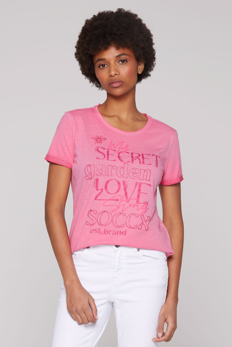 T-Shirt mit Wording Print floral pink