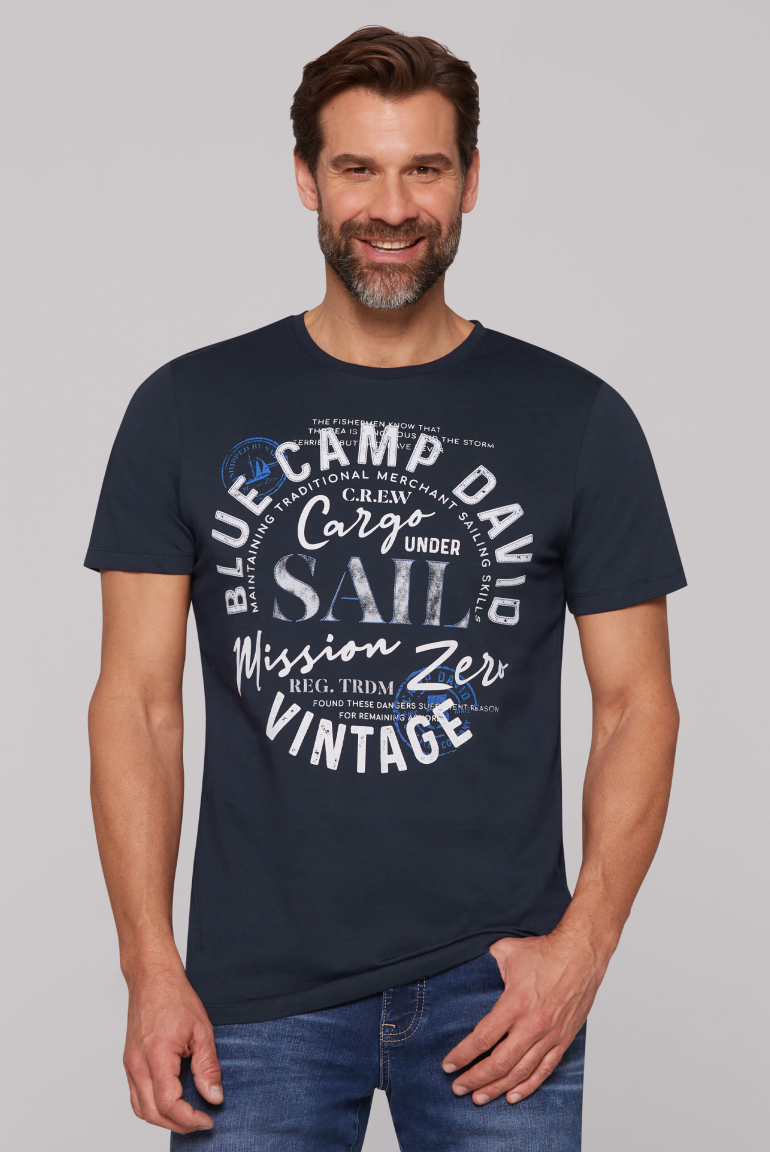 T-Shirt Rundhals mit Label Print blue navy