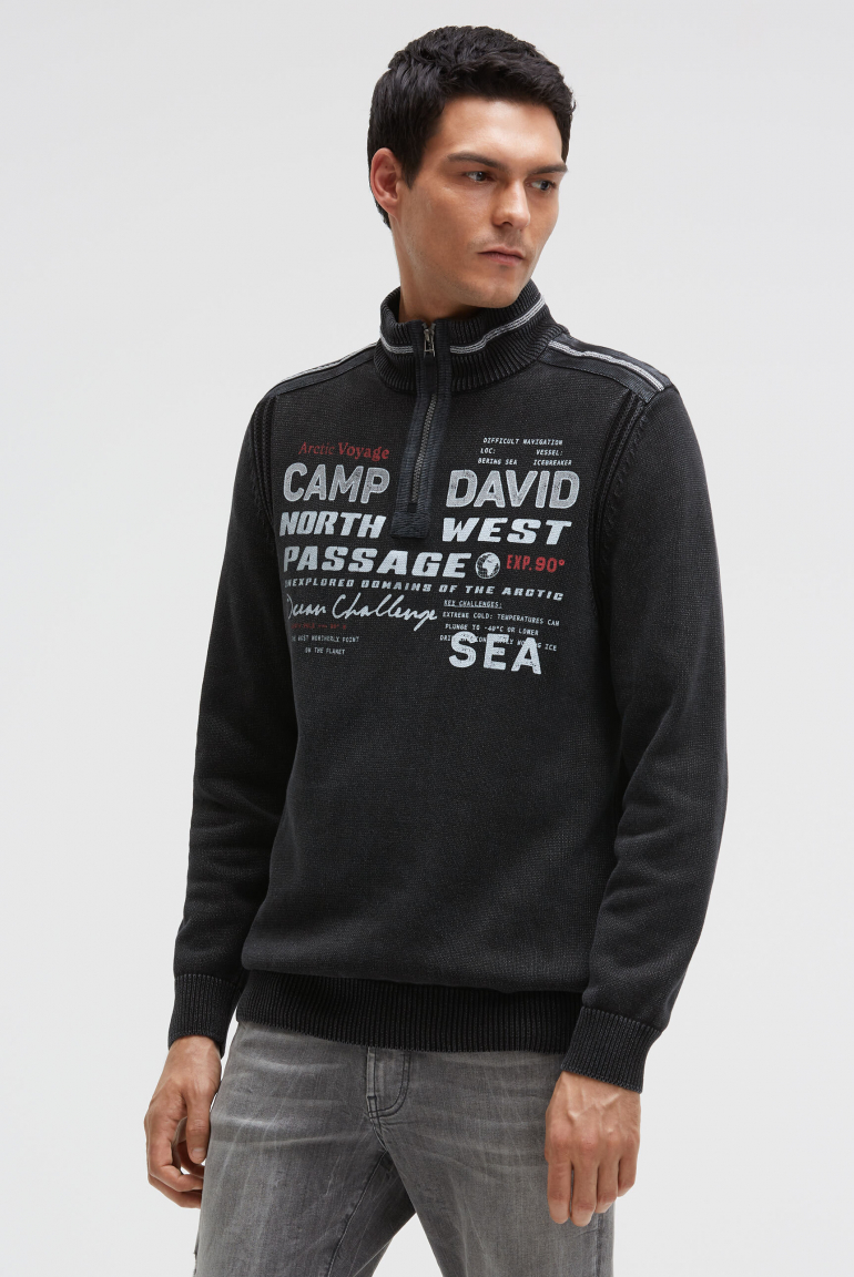 Troyer-Pullover mit Zipper, Tapes und Prints black