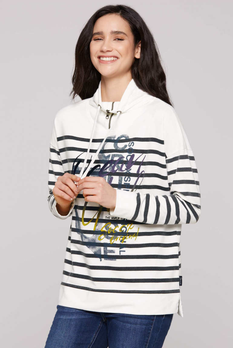 Troyer-Sweatshirt mit Streifen- und Flockprint ivory / blue navy