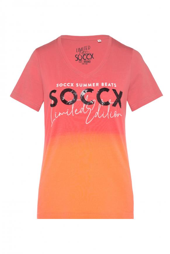 Dip Dye V-Shirt mit Pailletten-Logo pink blush / orange peel
