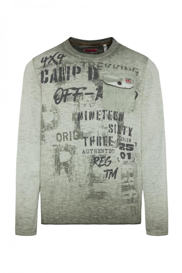 Pullover mit Used Look, Print und Tasche khaki