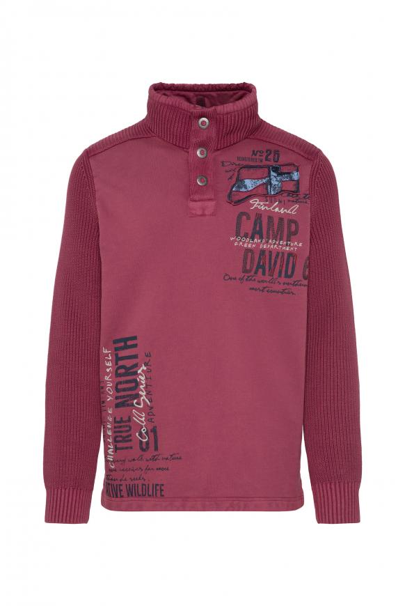 Stone Washed Troyer-Pullover im Materialmix dark red
