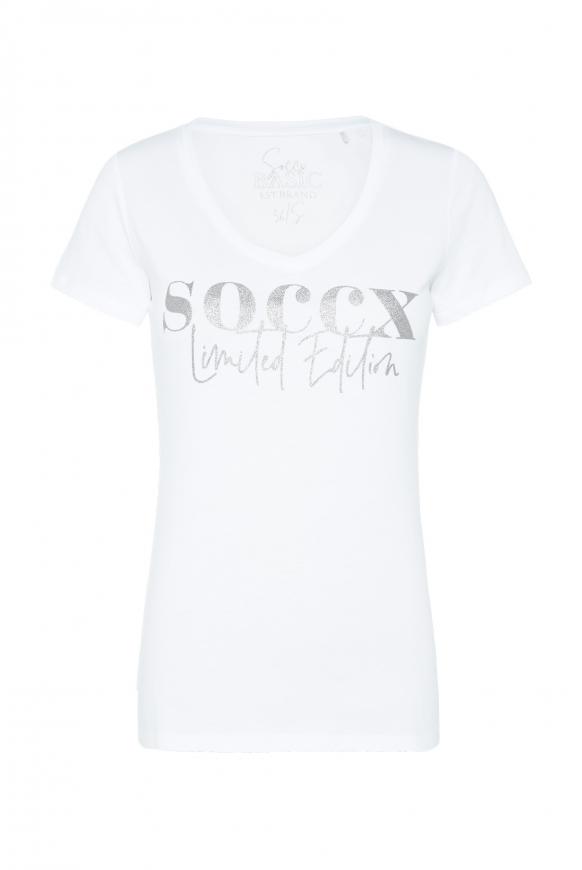 T-Shirt mit V-Ausschnitt und Glitter Print opticwhite
