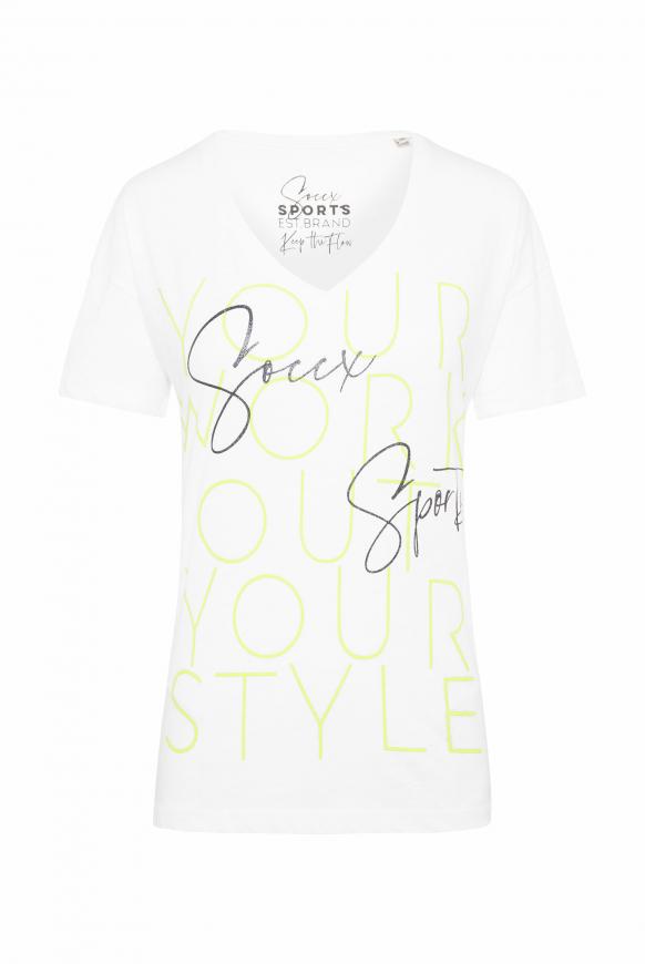 T-Shirt mit V-Ausschnitt und Wording Print opticwhite