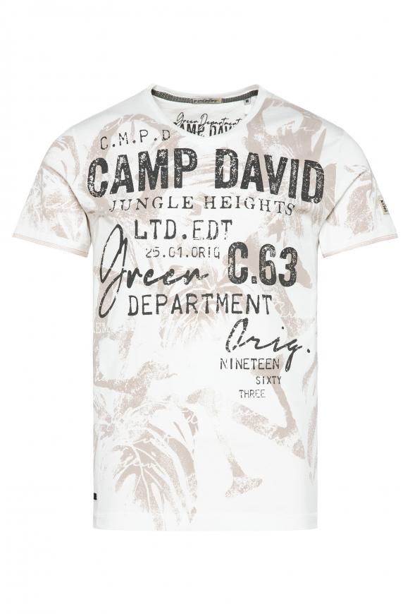T-Shirt mit V-Neck und All Over Print ivory