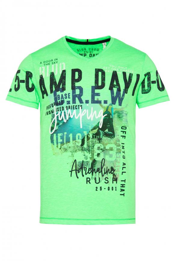 T-Shirt mit V-Neck und Photoprint electric green