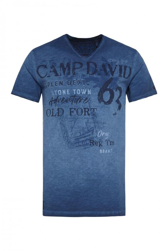 T-Shirt mit V-Neck und Used-Optik blue river