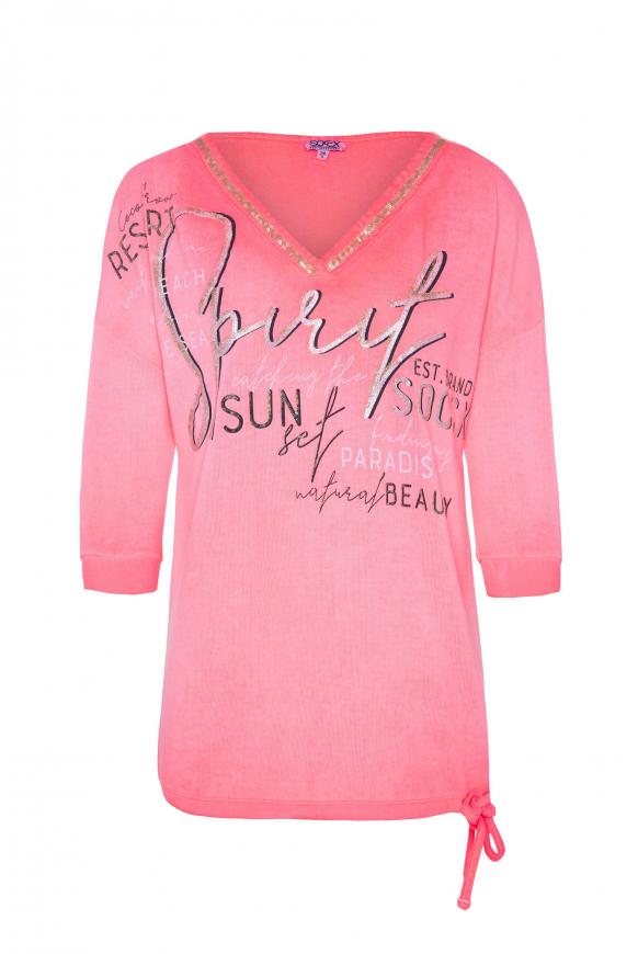 V-Shirt mit Glitter Print und ¾-Ärmeln tropical pink