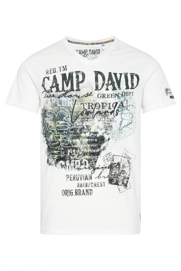 V-Shirt mit Prints und Stickereien ivory
