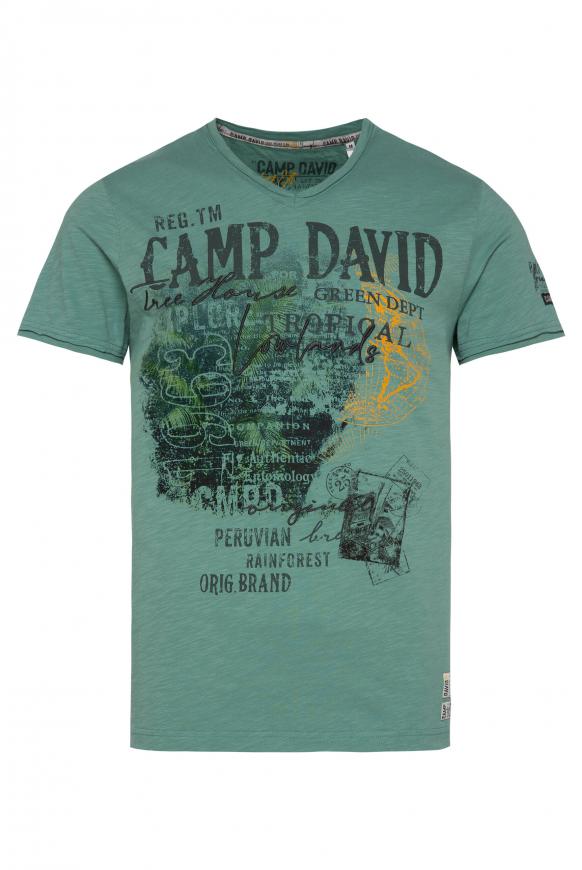 V-Shirt mit Prints und Stickereien deep green