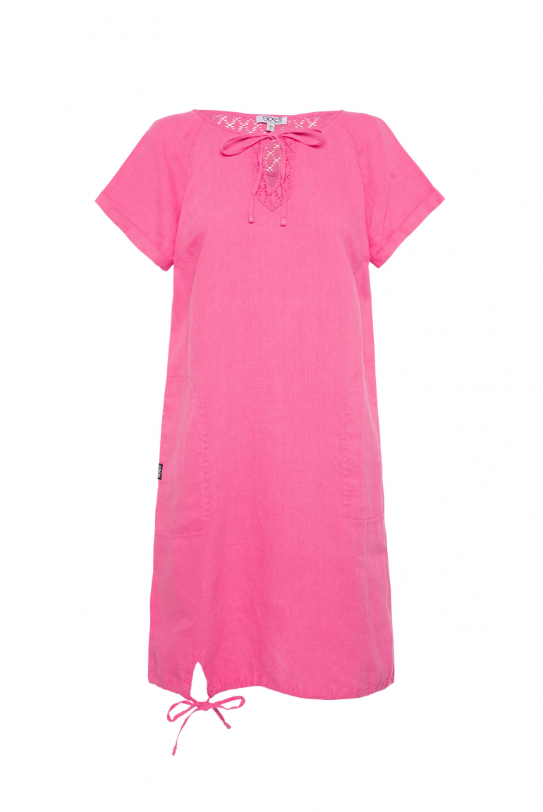 Ballonkleid aus Leinen mit Ajour-Details floral pink