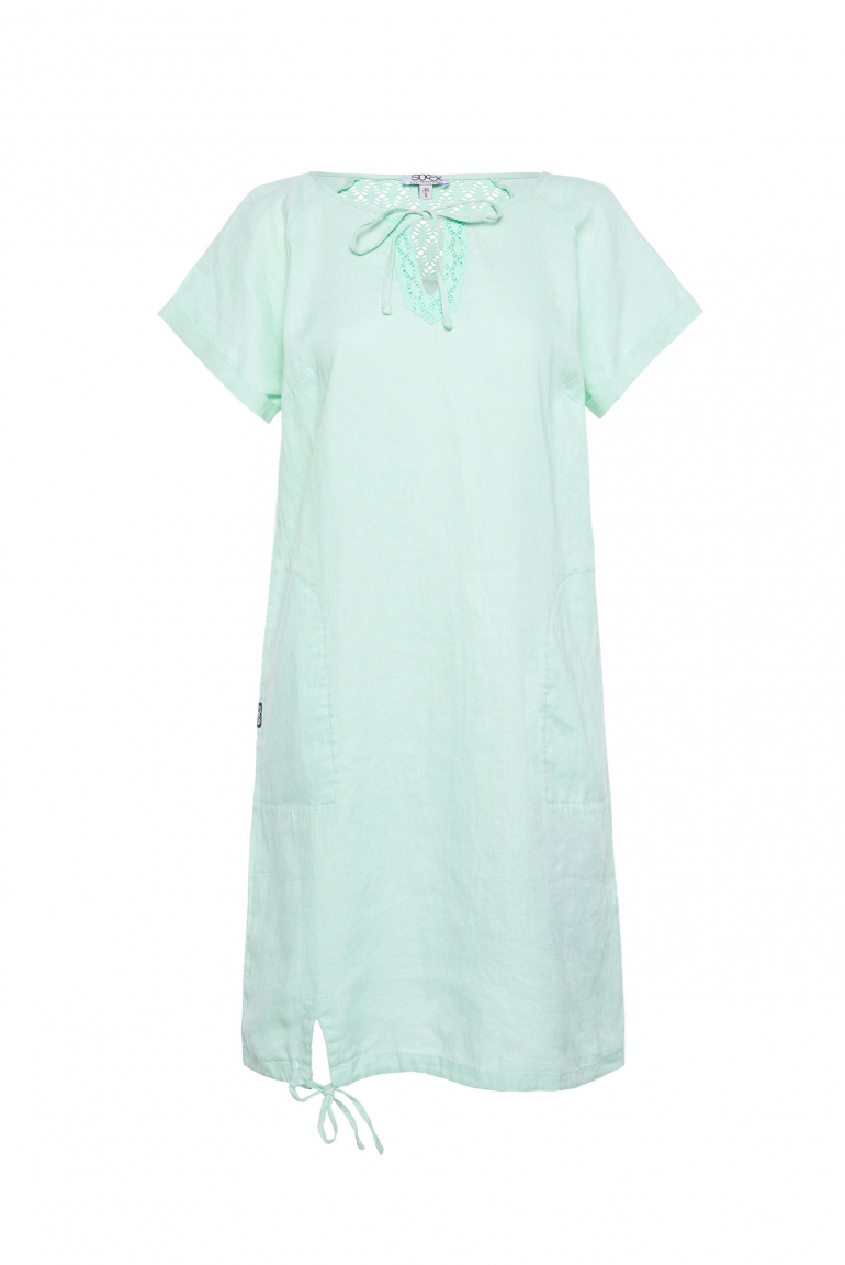 Ballonkleid aus Leinen mit Ajour-Details leafy mint