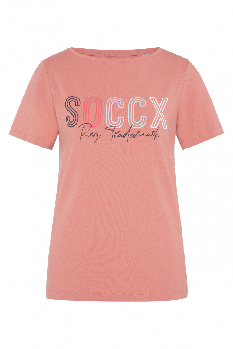Basic T-Shirt mit U-Boot-Ausschnitt und Logo beachy red