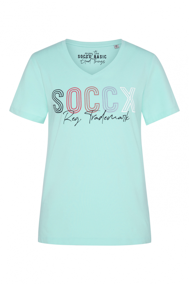 Basic T-Shirt mit V-Ausschnitt und Logo aqua splash