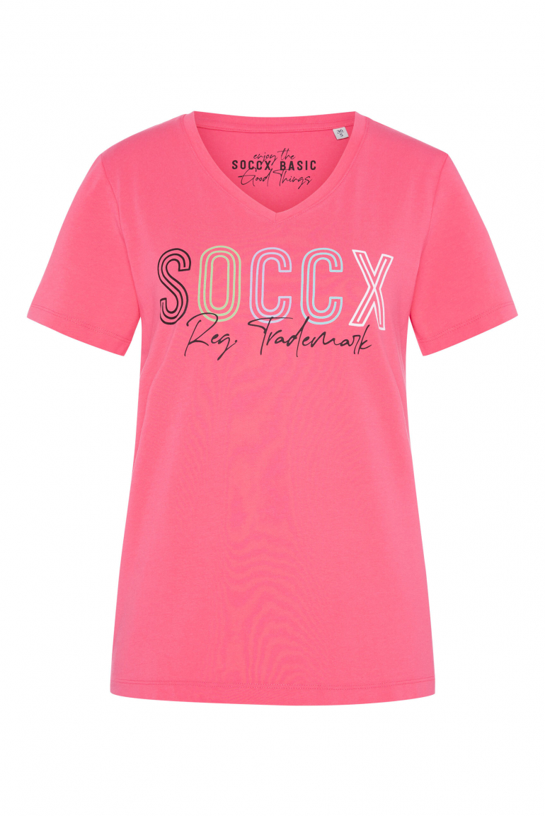 Basic T-Shirt mit V-Ausschnitt und Logo coral pink
