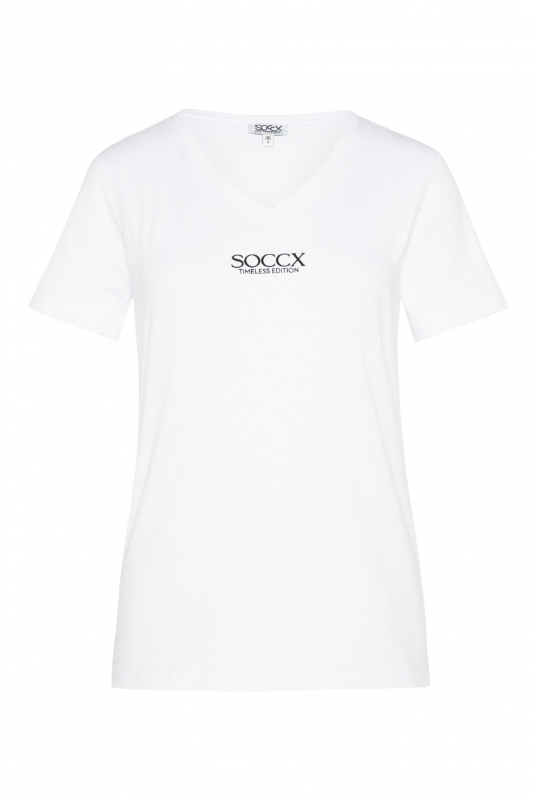 Basic T-Shirt mit V-Ausschnitt und Logo opticwhite