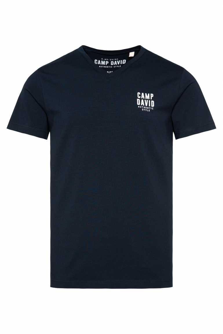 Basic T-Shirt V-Neck mit Logo Print blue navy